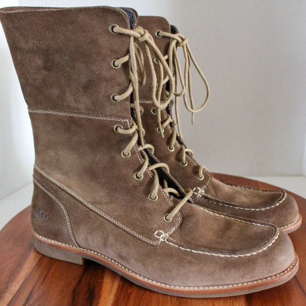 UGG Australia Lace Up Boots Mens 10 Brown Suede Moc Toe Fold Over 1001908